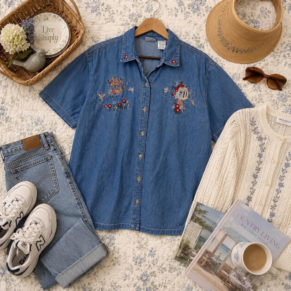 Wms Embroidered Denim Button Up Shirt Plus Size 14/16 Grandma Core Cottagecore